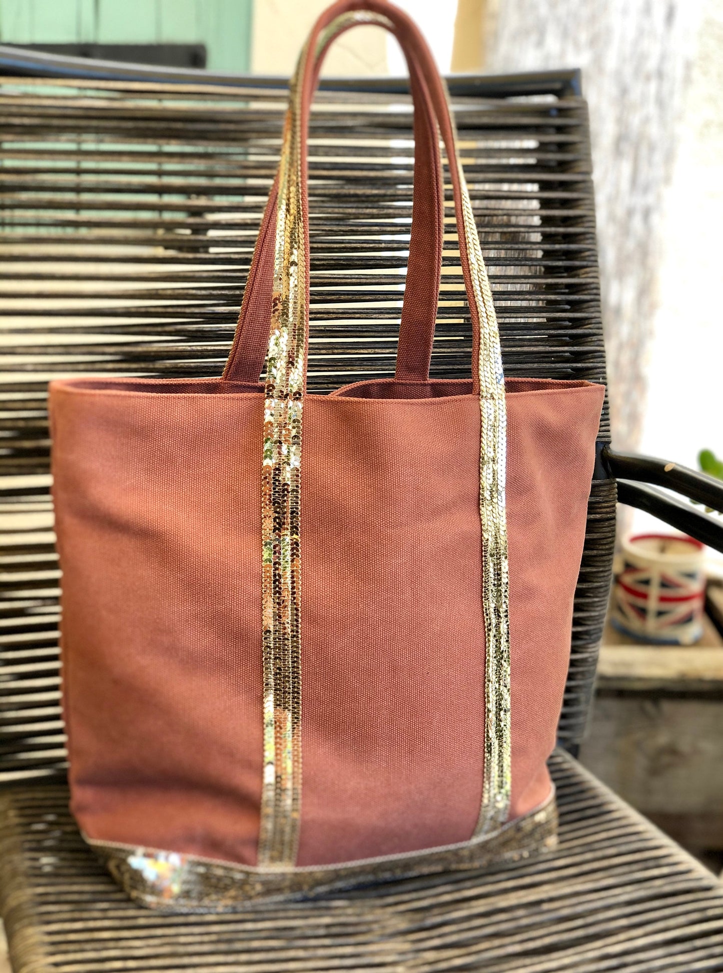 Terracotta cotton tote bag with gold sequins