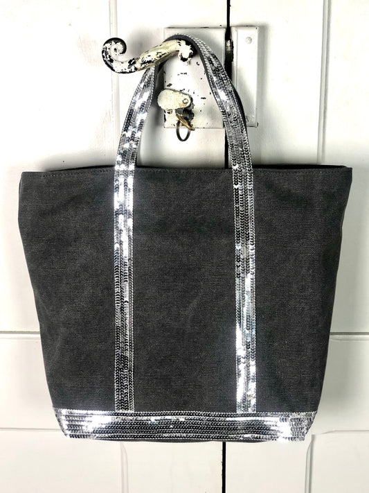 Tote bag in gray cotton canvas and silver sequins
