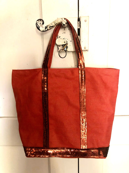 Tote bag in terracotta coated linen with real cognac glitter