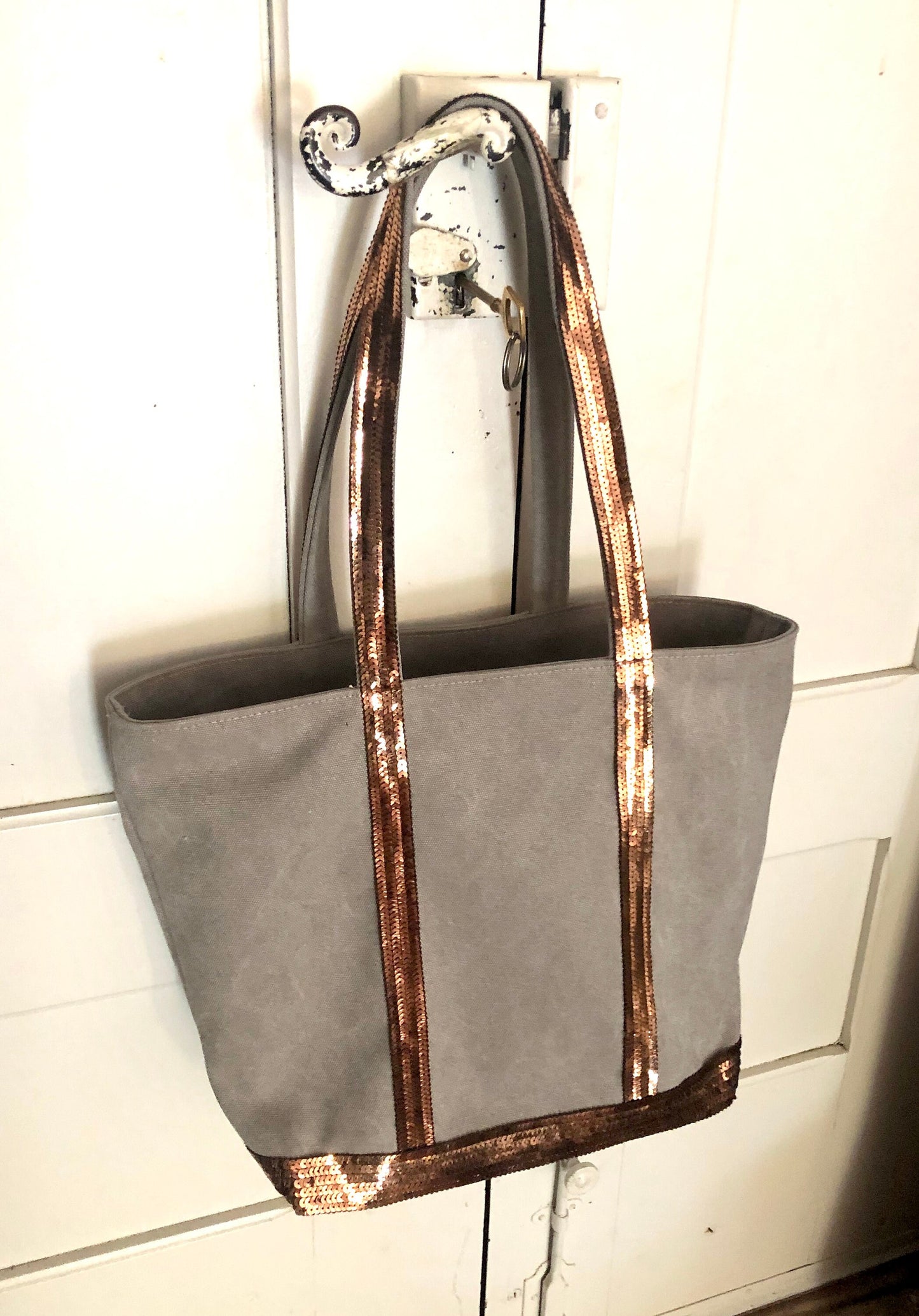 Cotton canvas tote bag with shoulder handles, taupe beige cotton canvas and bronze sequins