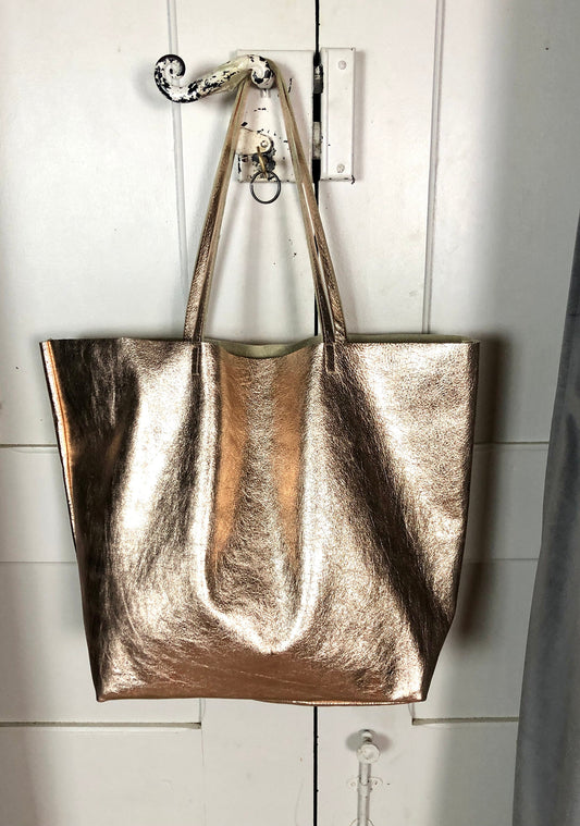 Pink gold leather shoulder bag, large pink gold leather tote bag, Italian leather bag, pink gold leather tote bag, women's soft leather tote bag