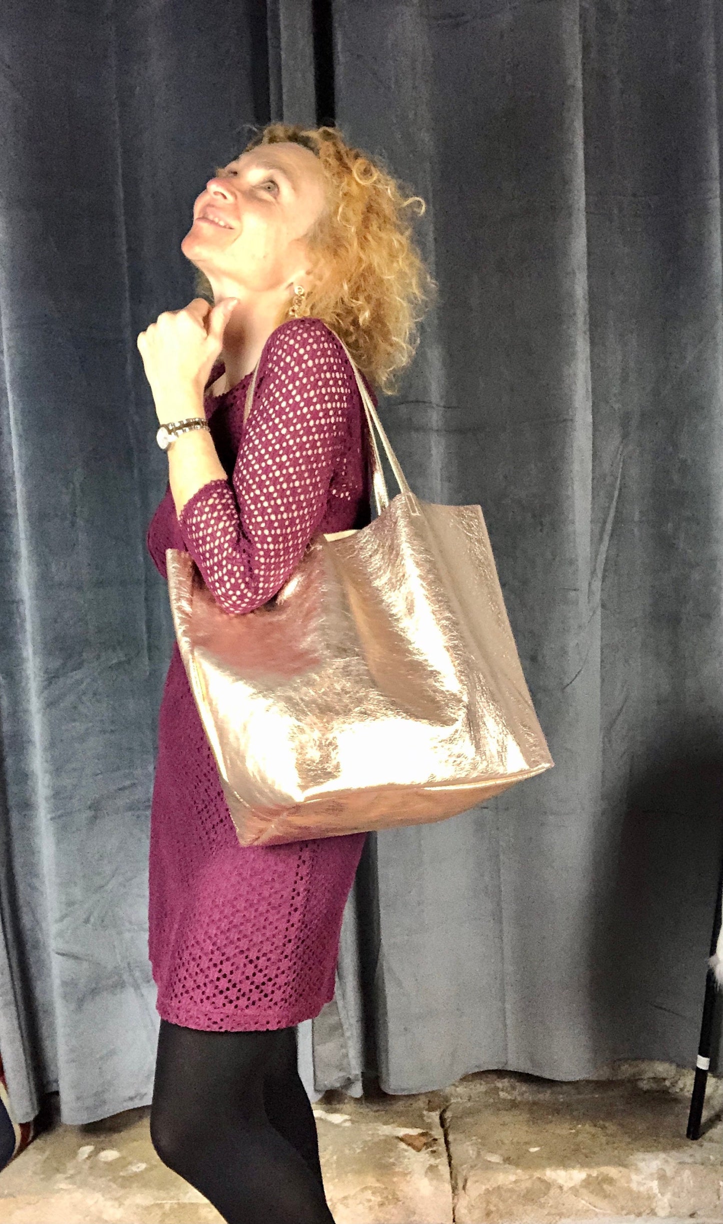 Sac cuir femme, grand cabas cuir rose doré, sac cuir italien, fourre tout cuir rose doré, cabas femme porté épaule en cuir souple