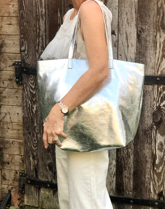 Silver Italian leather shoulder tote, silver soft leather bag, bohemian shoulder bag