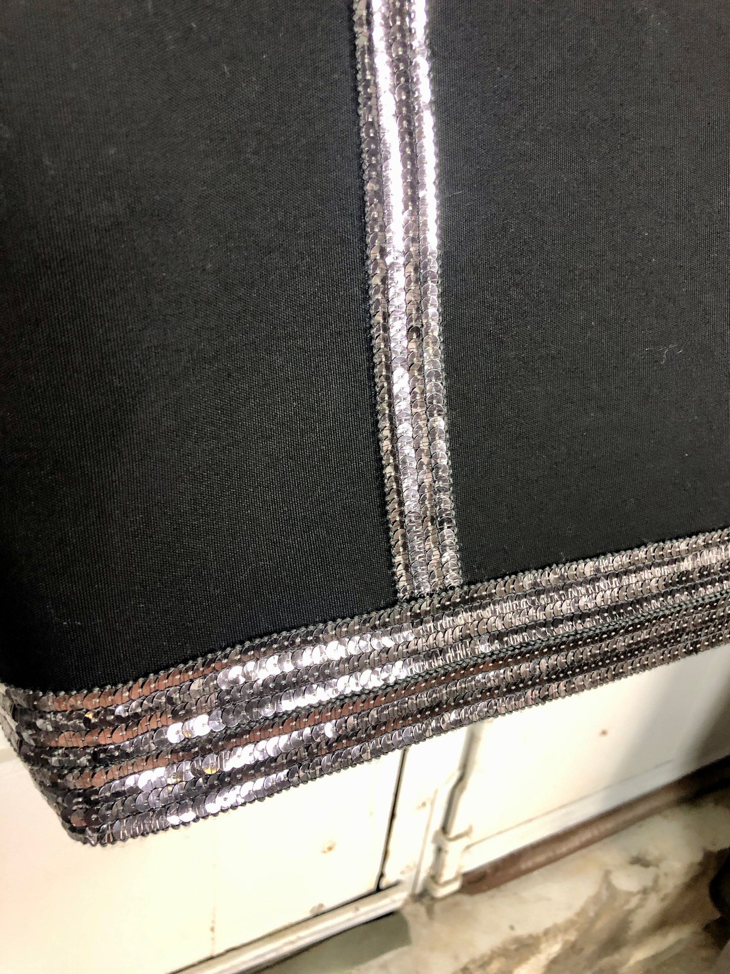 Black cotton canvas tote bag with silver sequin braid