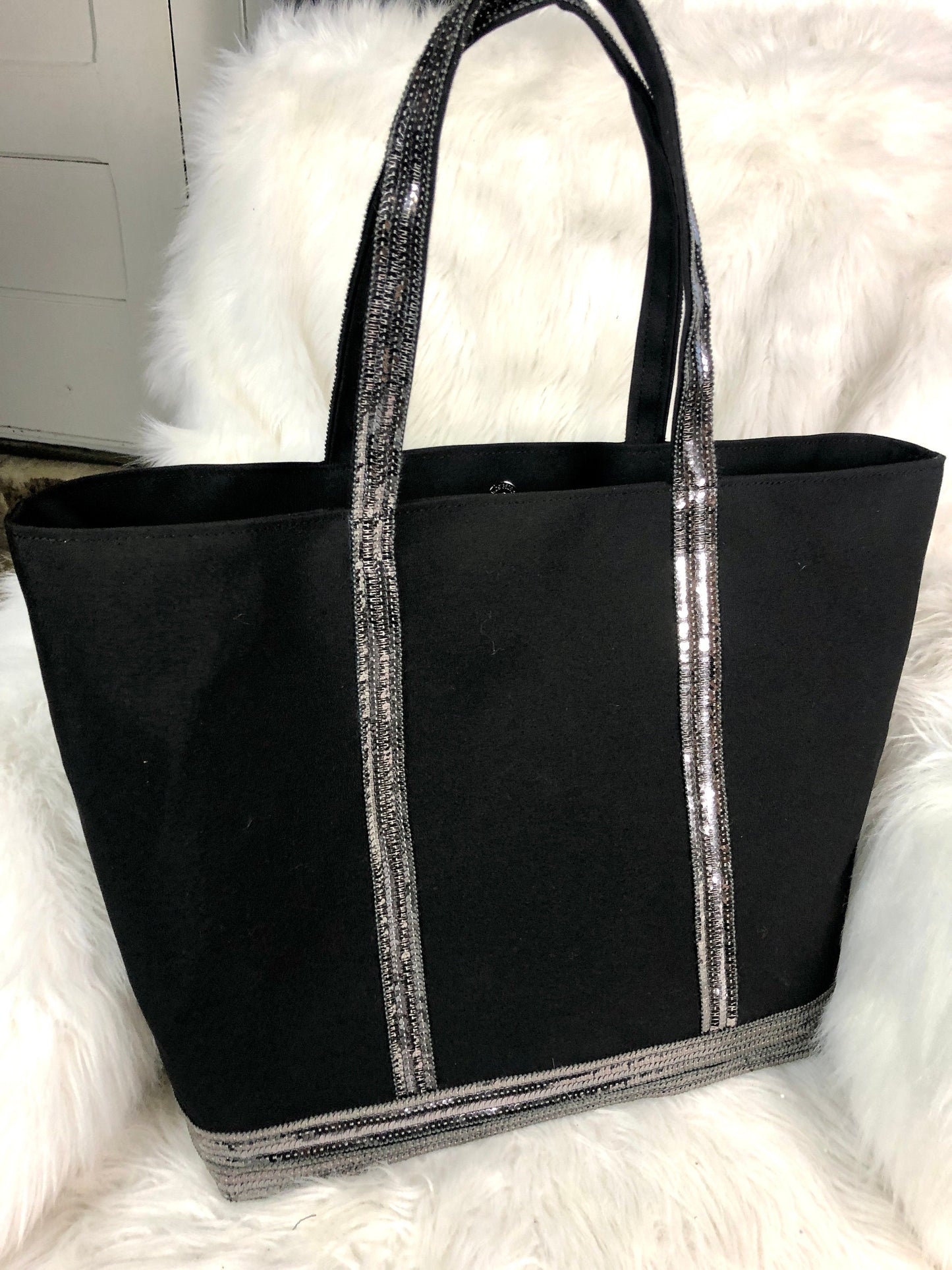 Black cotton canvas tote bag with silver sequin braid