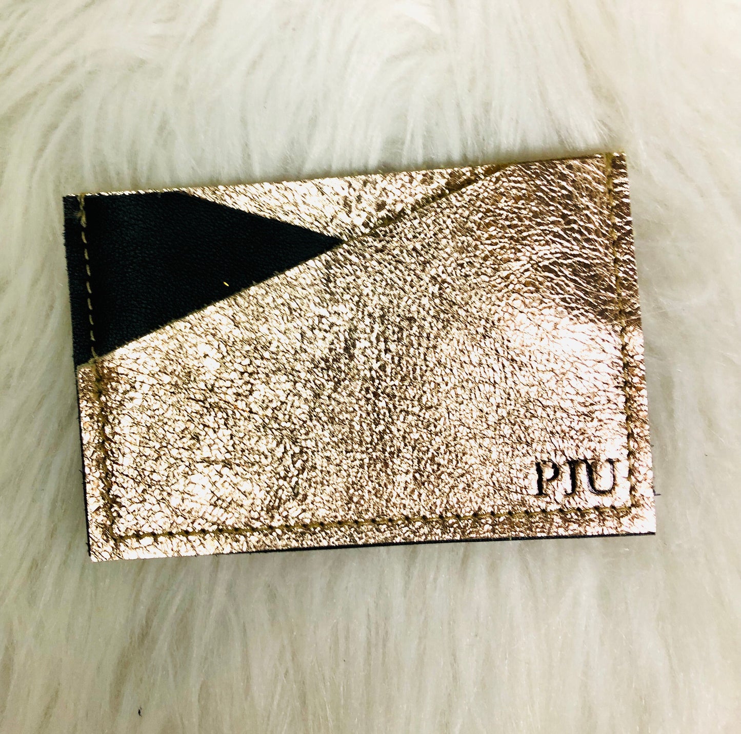 Personalized rose gold and black leather card holder