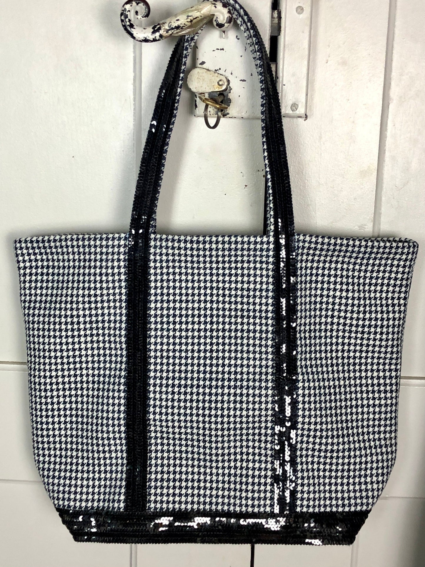 Sac cabas en pied de poule sequins noirs