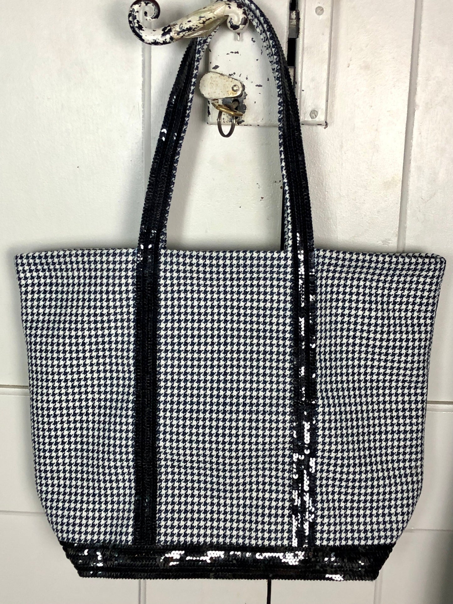 Black sequin houndstooth tote bag