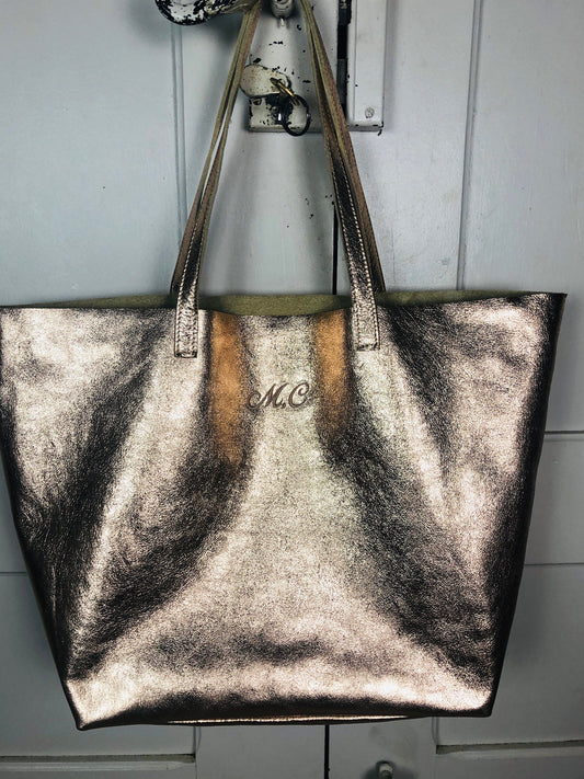 Grande sac cabas en cuir or rosé personalisé, tote bag monogram, sac shopping cuir avec initiales, sac à main personnalisé