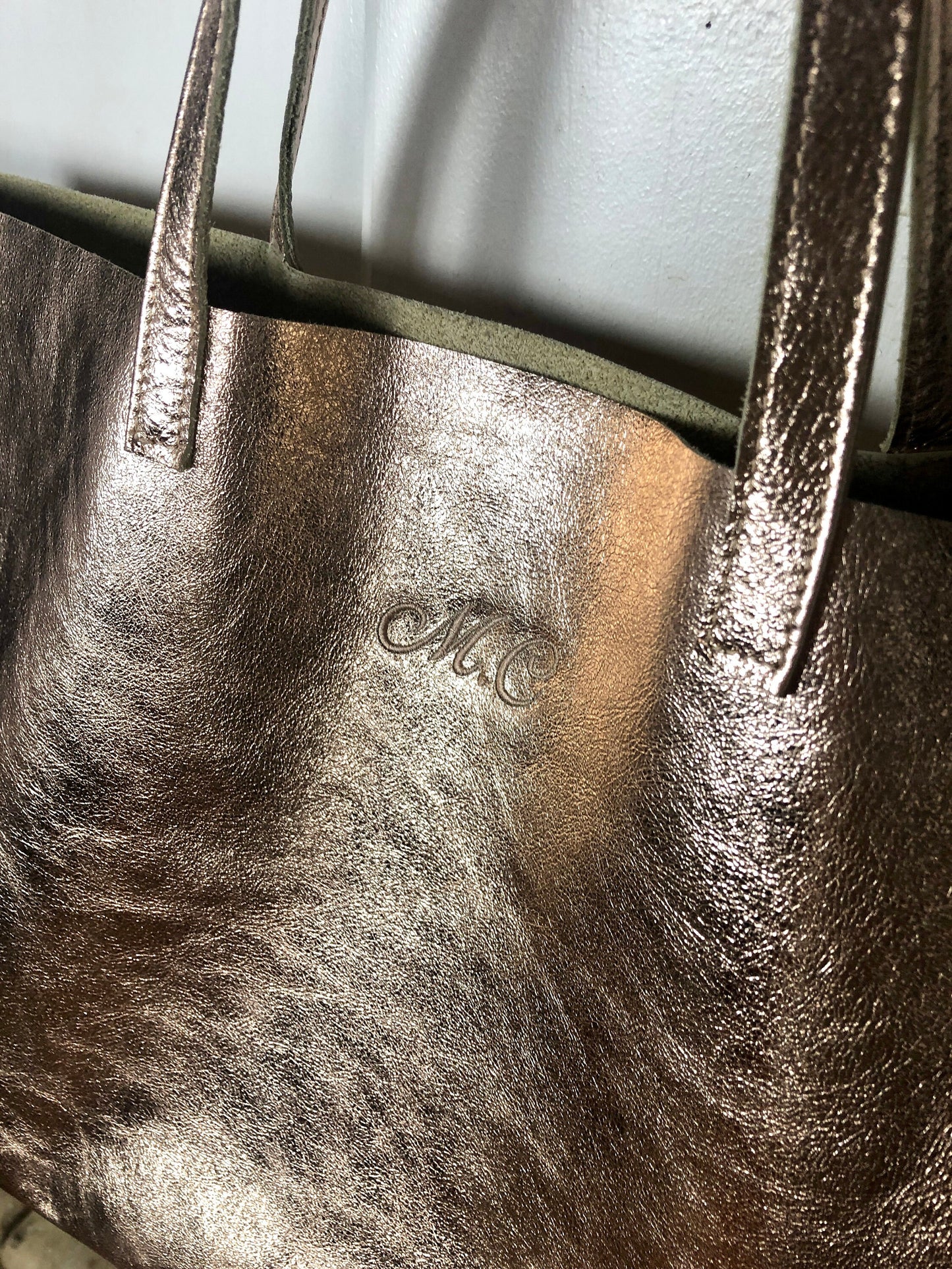 Grande sac cabas en cuir or rosé personalisé, tote bag monogram, sac shopping cuir avec initiales, sac à main personnalisé