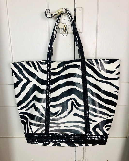 Sac cabas simili cuir zébré paillettes noires