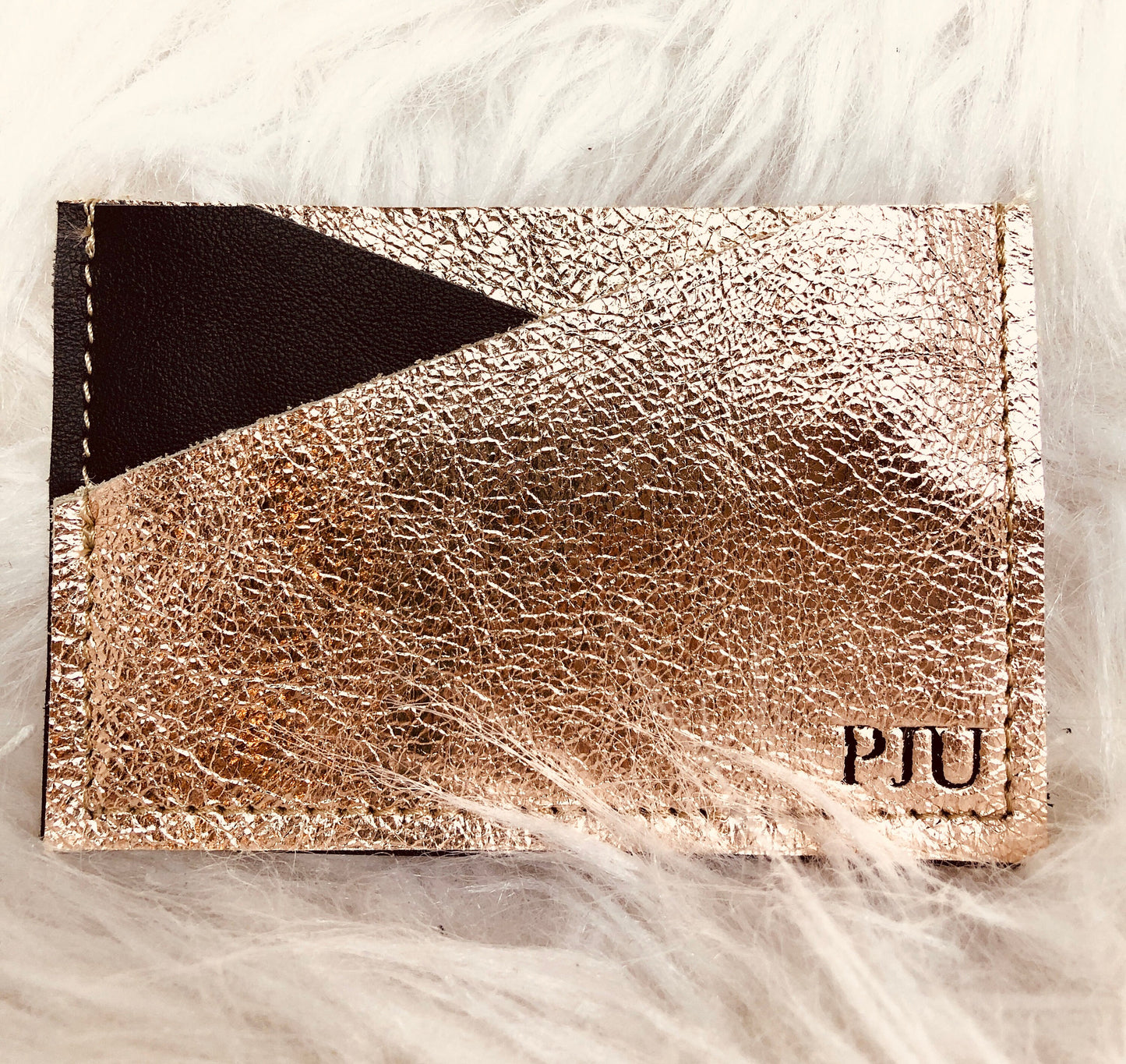 Personalized rose gold and black leather card holder