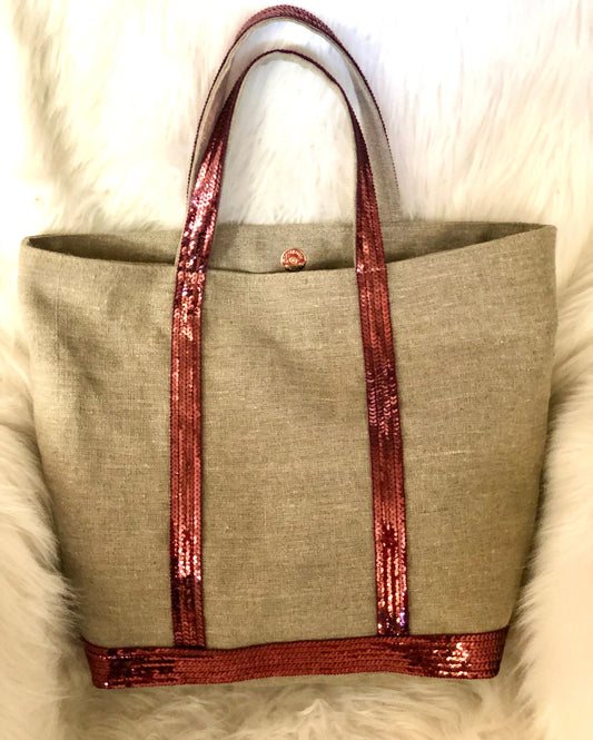 Sac cabas été, sac plage en lin souple naturel,  tote paillettes rose
