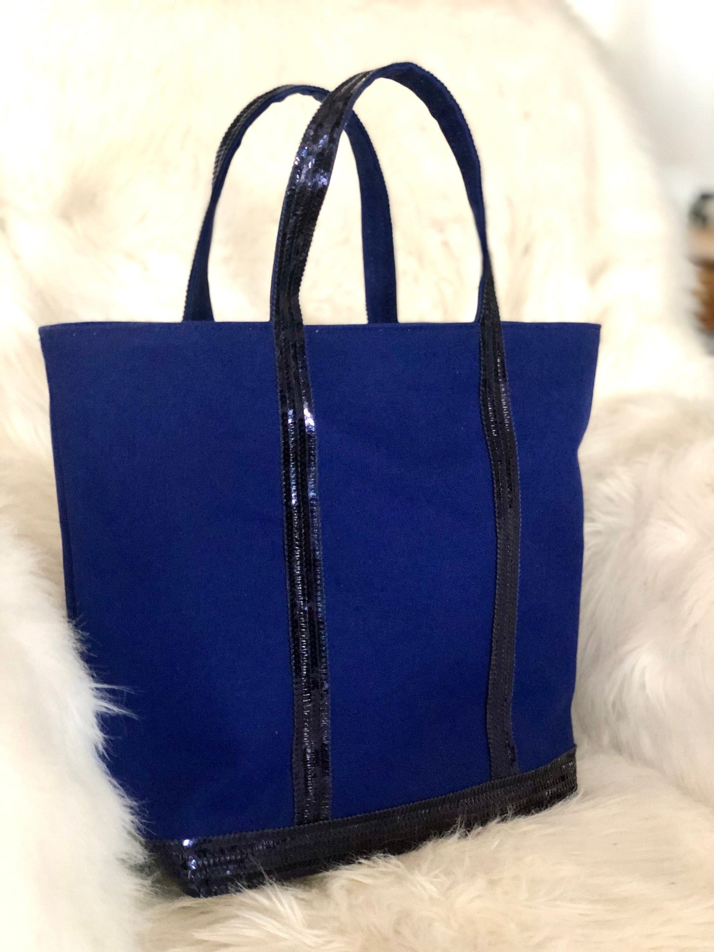 Sac cabas pour les cours,  sac cabas femme original, en toile de coton bleu marine clair avec paillettes bleues marines