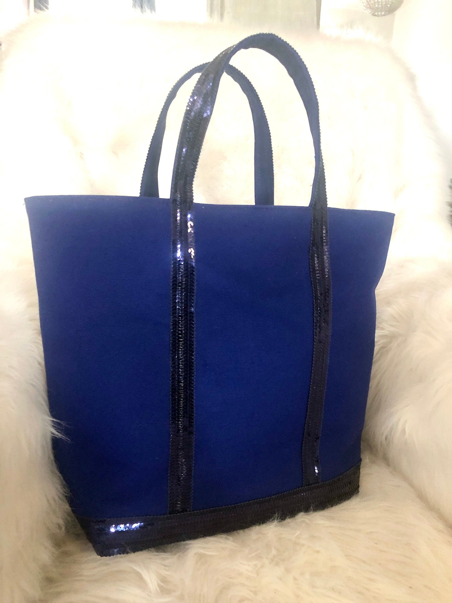 Sac cabas pour les cours,  sac cabas femme original, en toile de coton bleu marine clair avec paillettes bleues marines