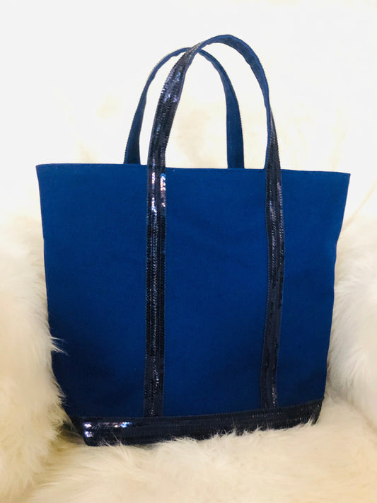 Sac cabas pour les cours,  sac cabas femme original, en toile de coton bleu marine clair avec paillettes bleues marines