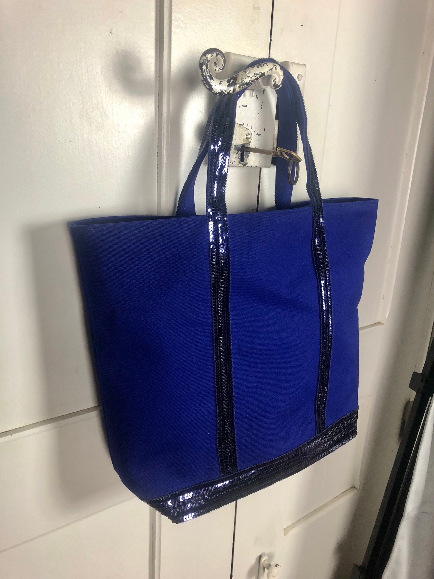 Sac cabas pour les cours,  sac cabas femme original, en toile de coton bleu marine clair avec paillettes bleues marines