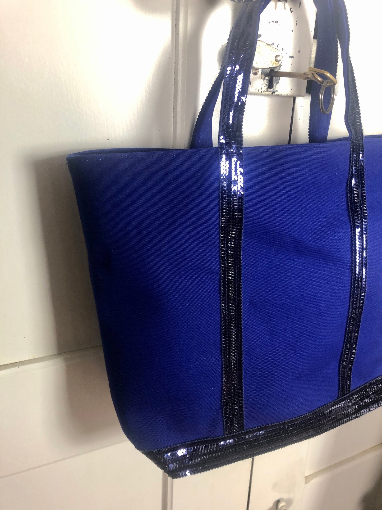 Sac cabas pour les cours,  sac cabas femme original, en toile de coton bleu marine clair avec paillettes bleues marines
