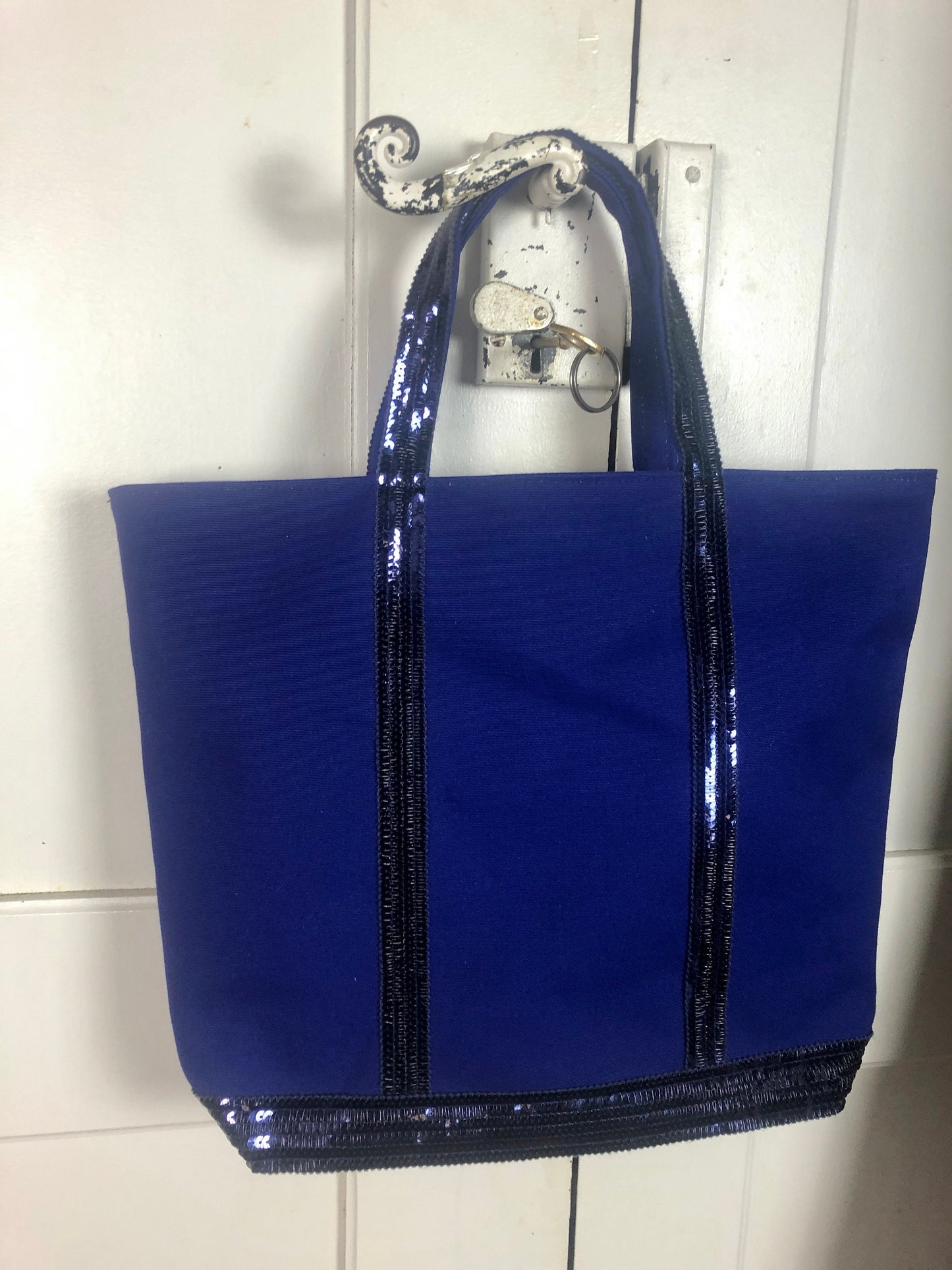 Sac cabas pour les cours,  sac cabas femme original, en toile de coton bleu marine clair avec paillettes bleues marines