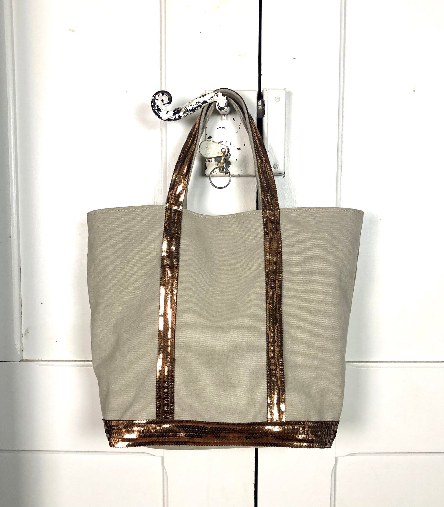 Beige cotton canvas and bronze sequins tote bag