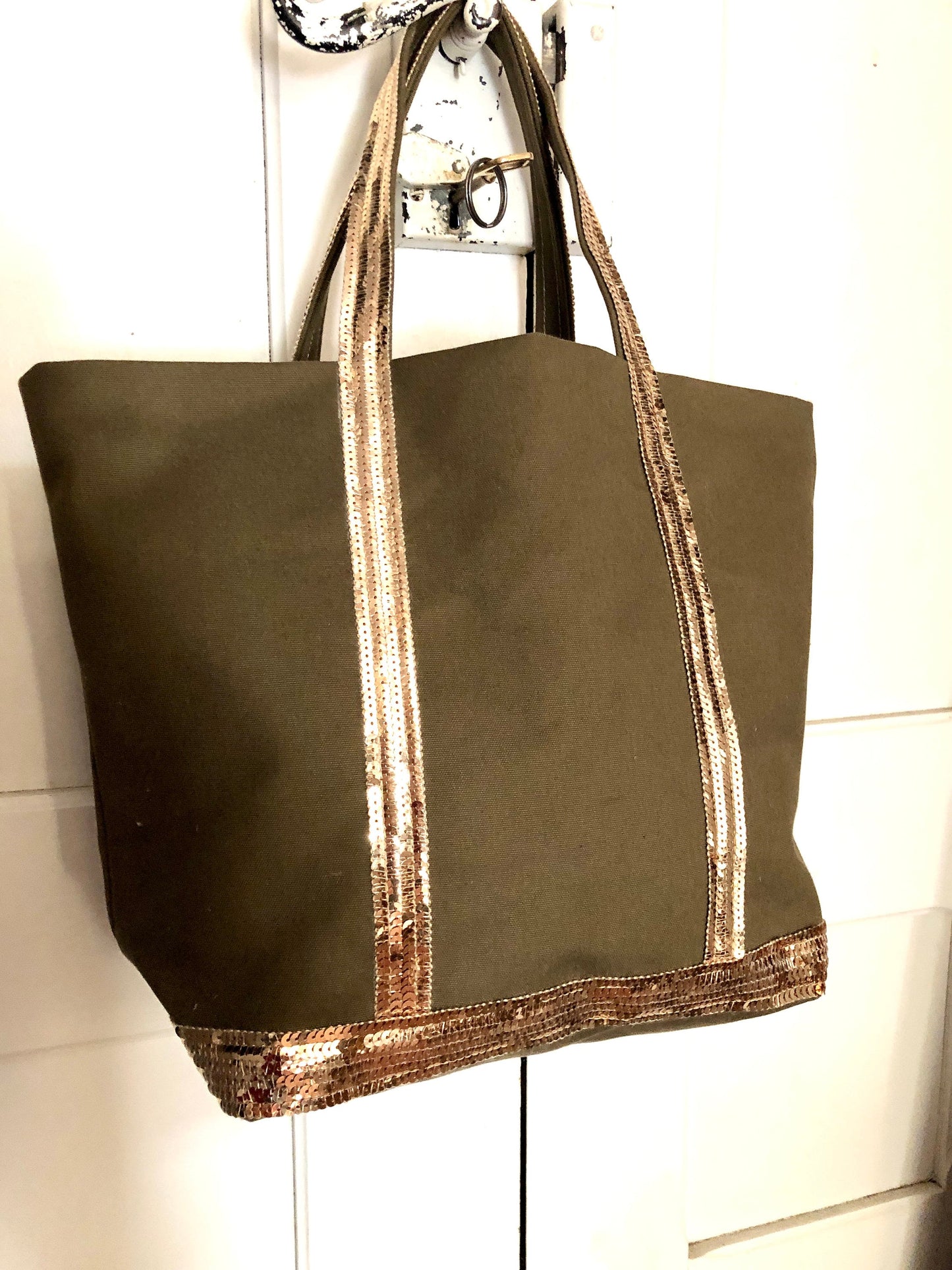 M khaki canvas and sequins tote bag