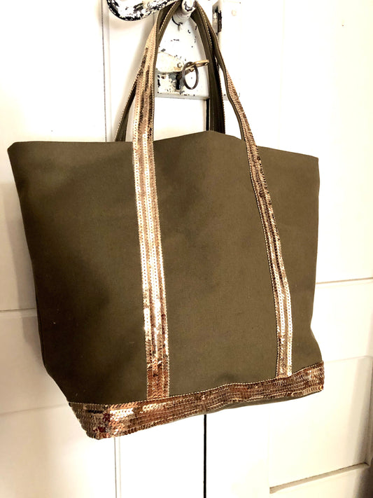Sac cabas M kaki toile et paillettes