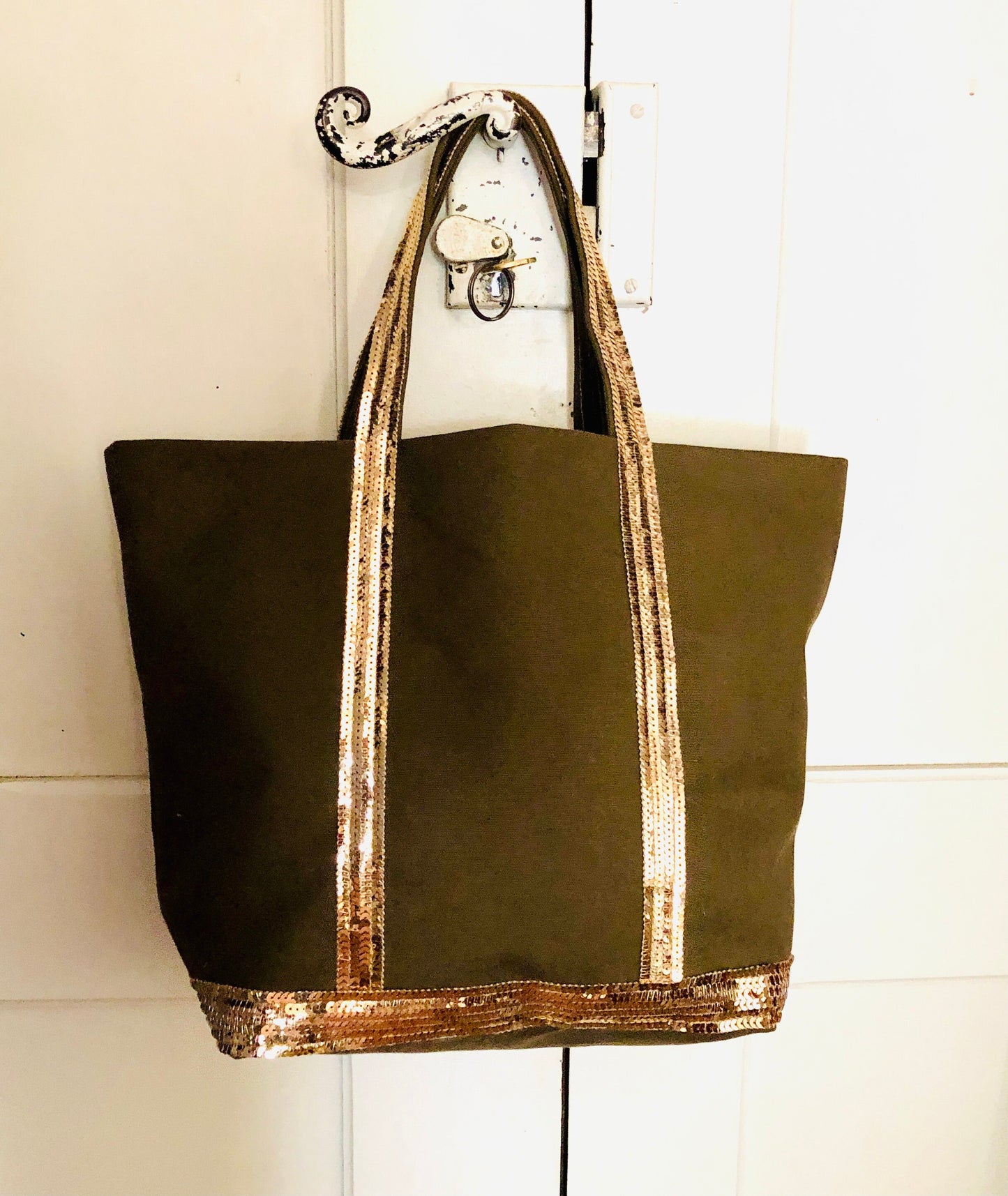 M khaki canvas and sequins tote bag