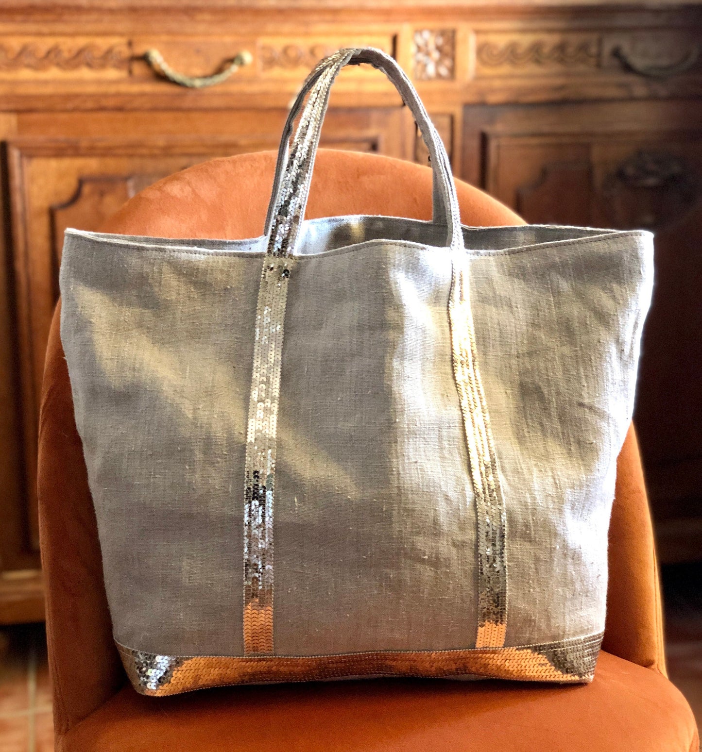 Large natural linen tote bag with gold sequins, beach linen bag, trendy summer tote, oversized bag, shoulder tote bag