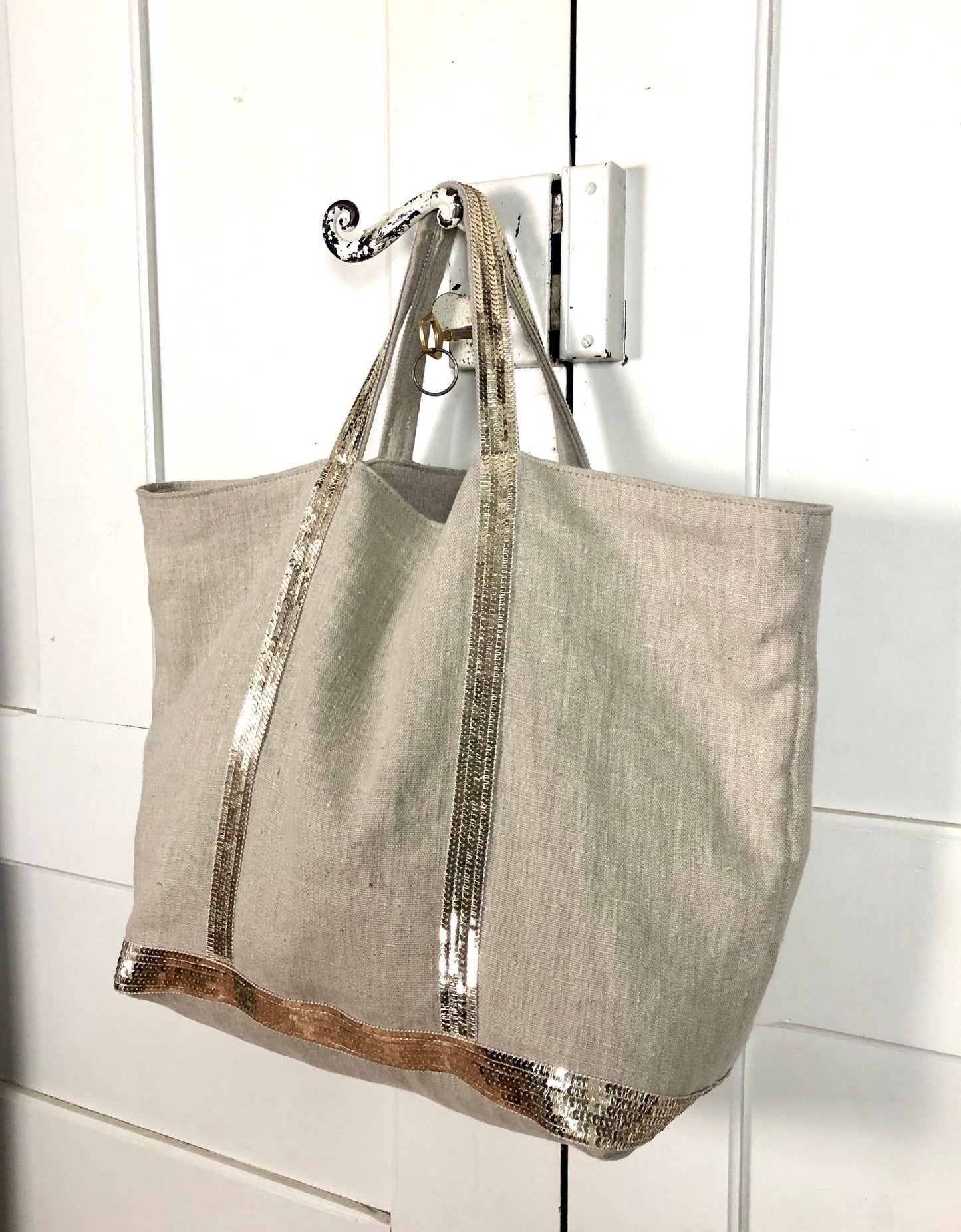 Large natural linen tote bag with gold sequins, beach linen bag, trendy summer tote, oversized bag, shoulder tote bag