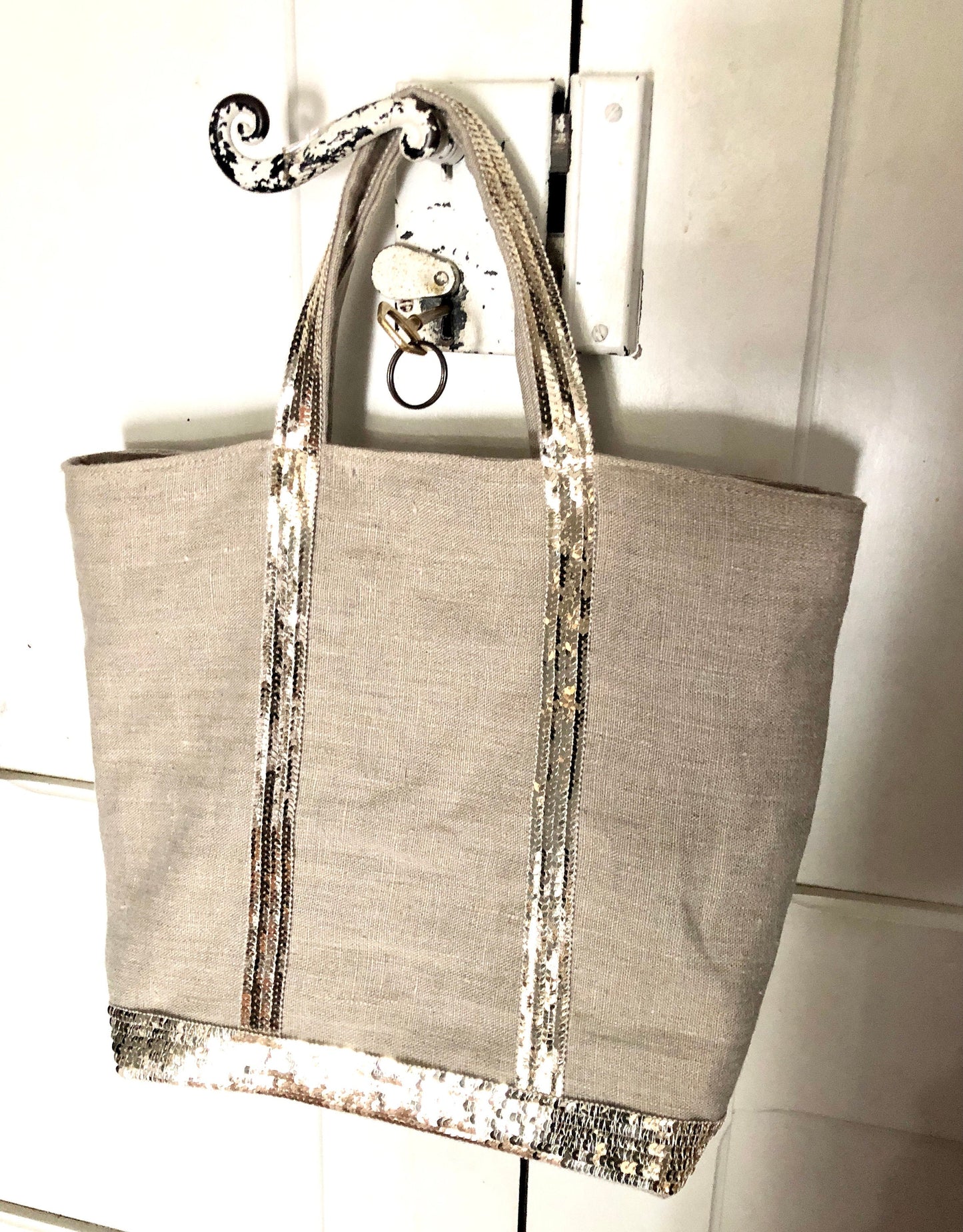 Washed linen tote bag with gold sequins