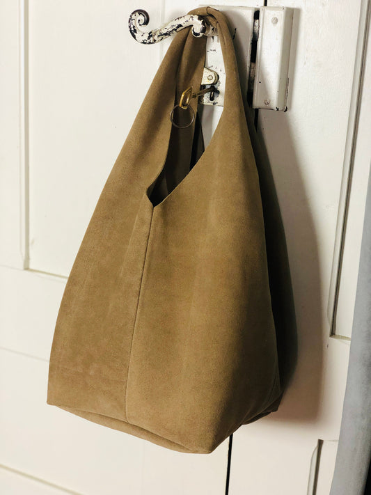 Taupe suede boho slouch bag
