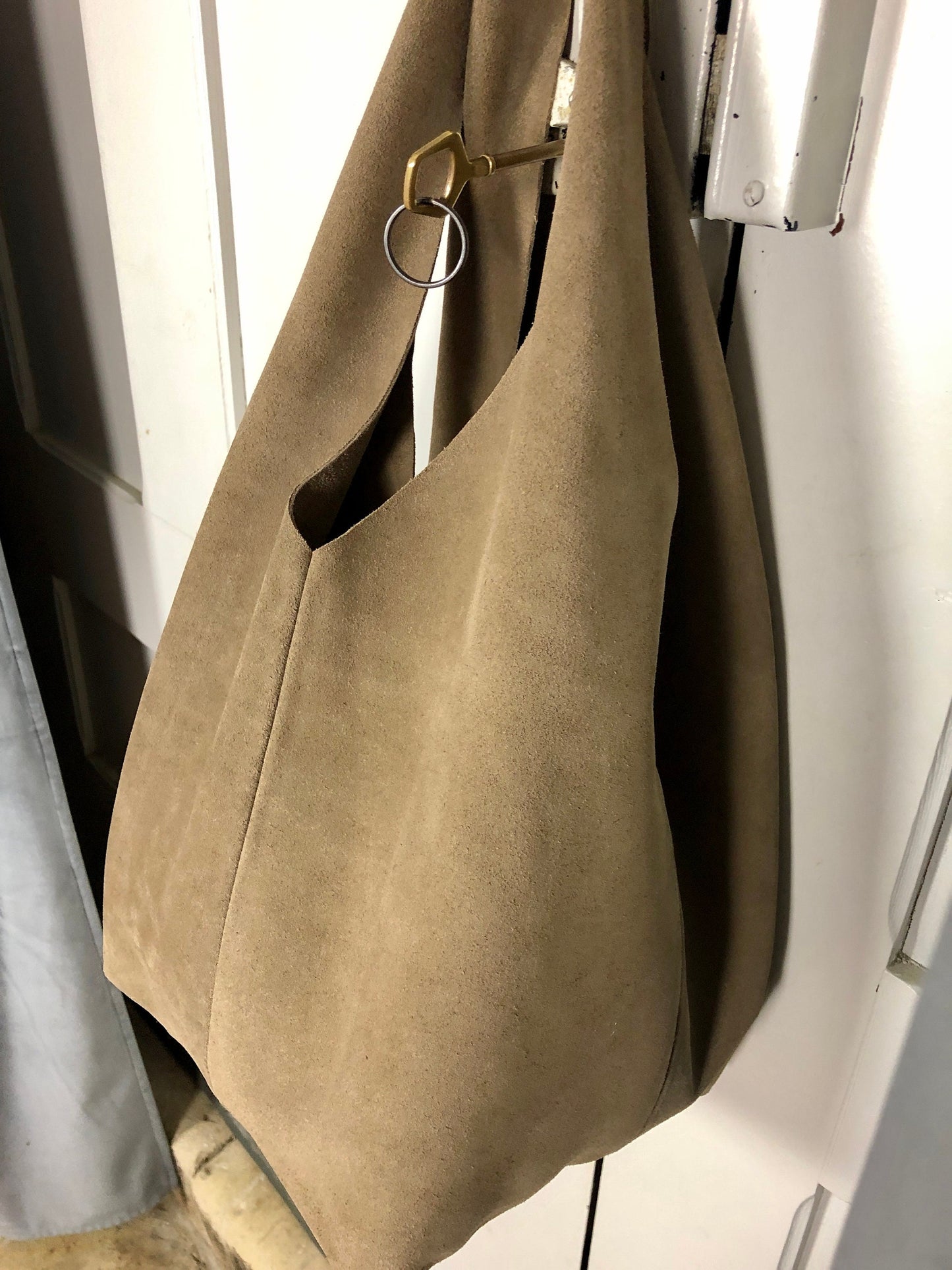 Taupe suede boho slouch bag