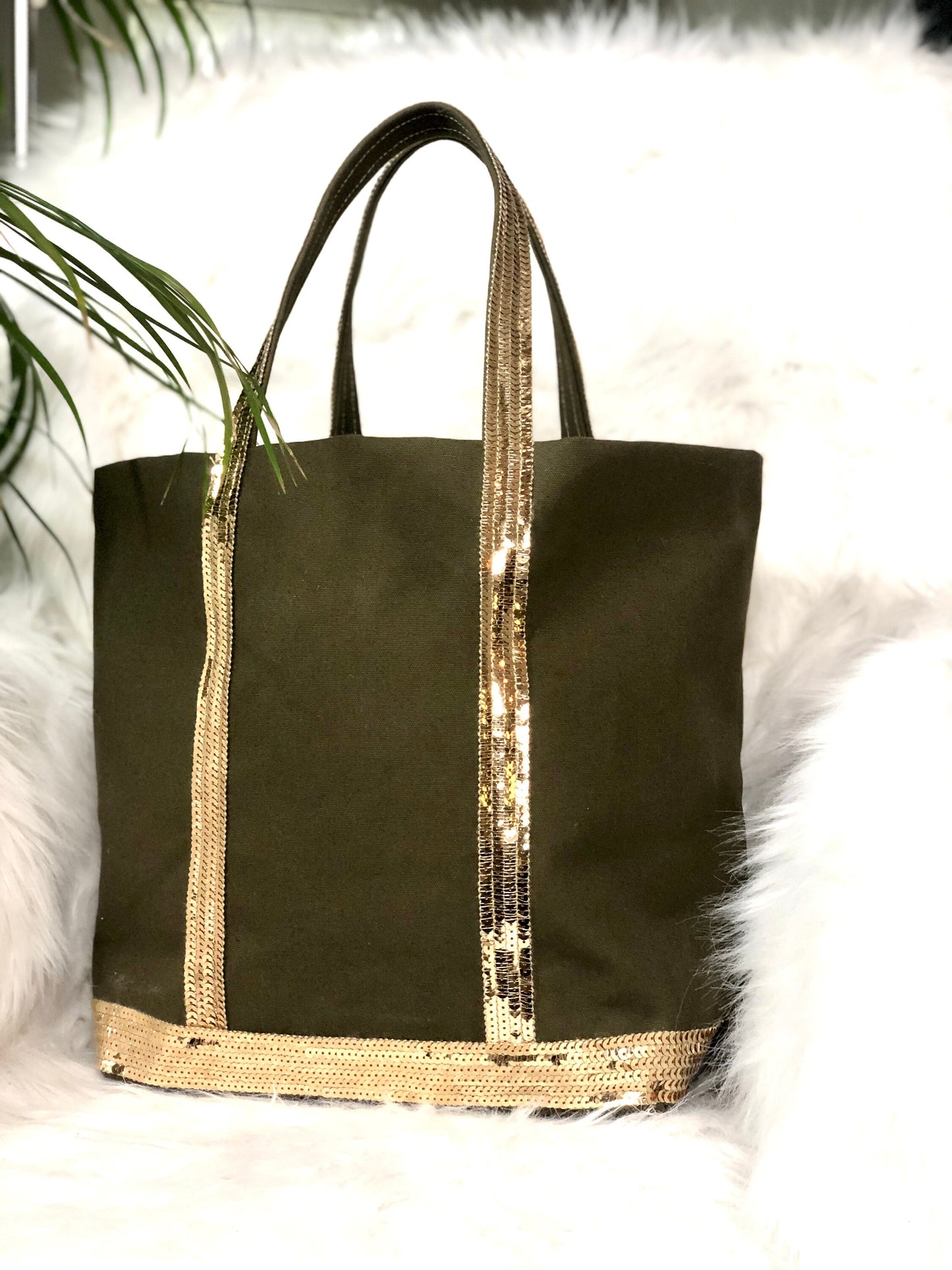 M khaki canvas and sequins tote bag