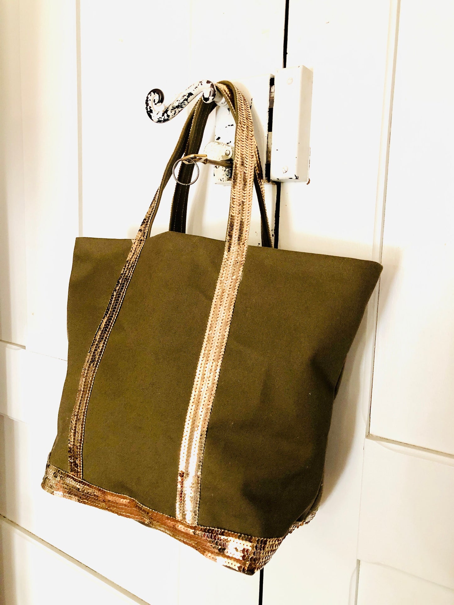 M khaki canvas and sequins tote bag