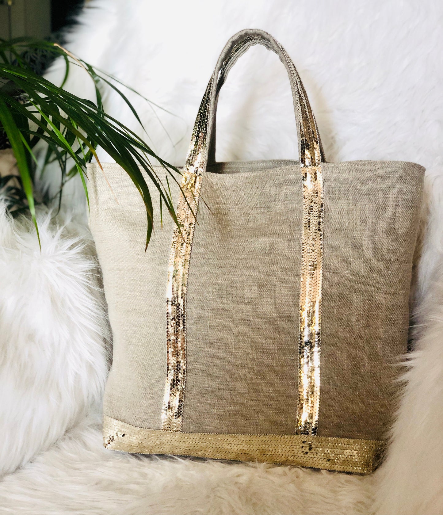 Washed linen tote bag with gold sequins