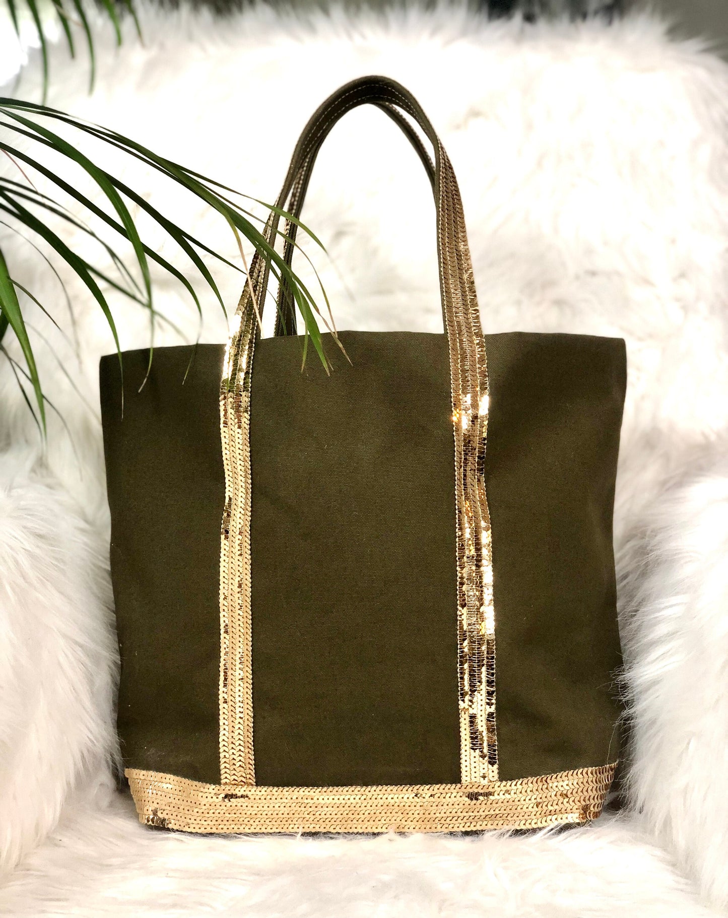 M khaki canvas and sequins tote bag