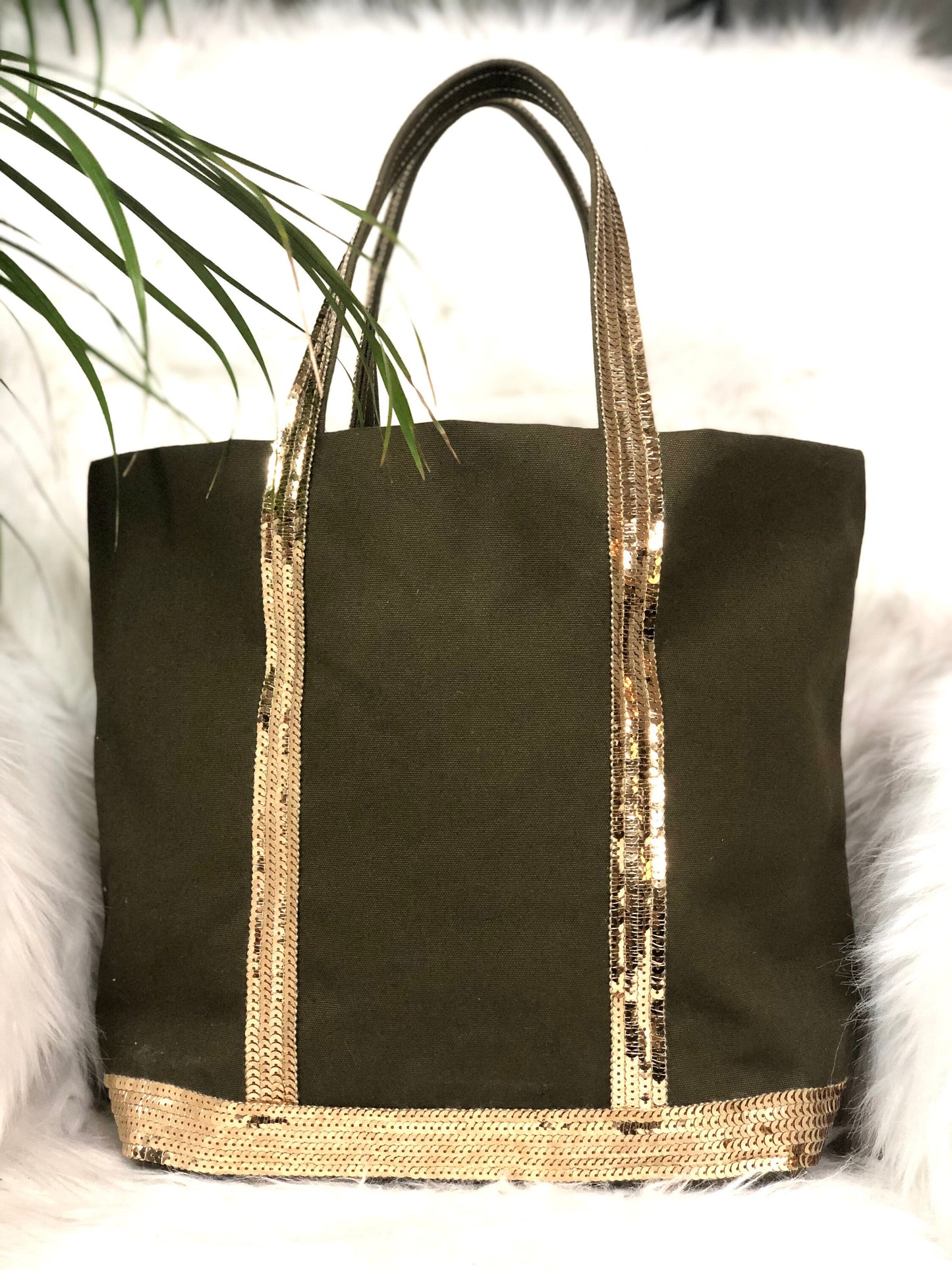 M khaki canvas and sequins tote bag