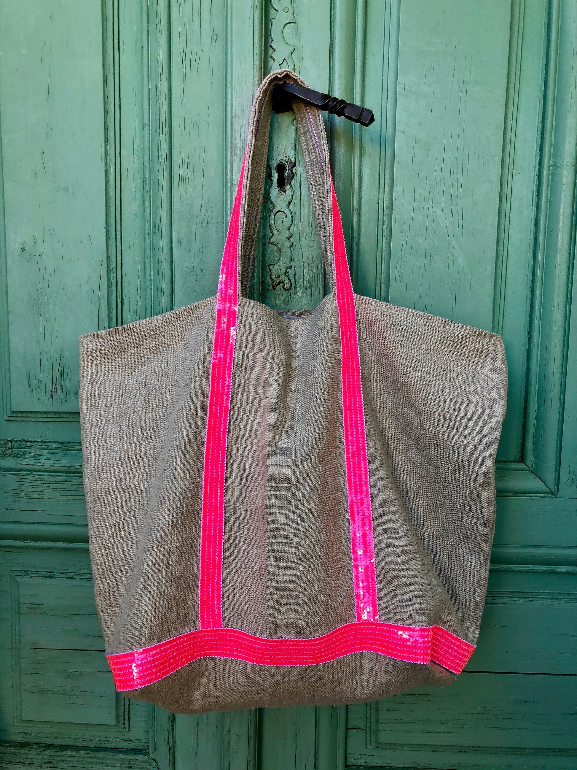 Natural washed linen tote bag, linen beach tote bag, neon pink sequin bag