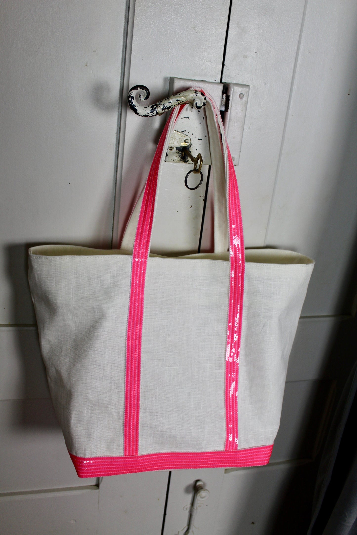 Sac en lin blanc enduit blanc avec sequins rose fluo, sac de plage en lin waterproof avec paillettes, sac à main porté épaule pour l'été