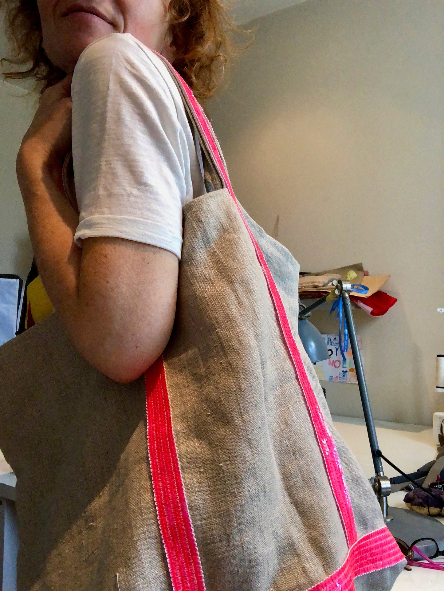 Natural washed linen tote bag, linen beach tote bag, neon pink sequin bag