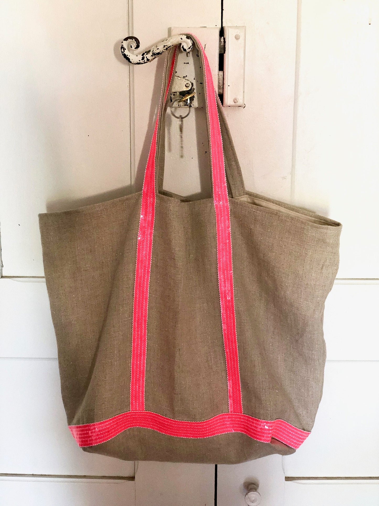 Natural linen tote bag with neon pink sequins