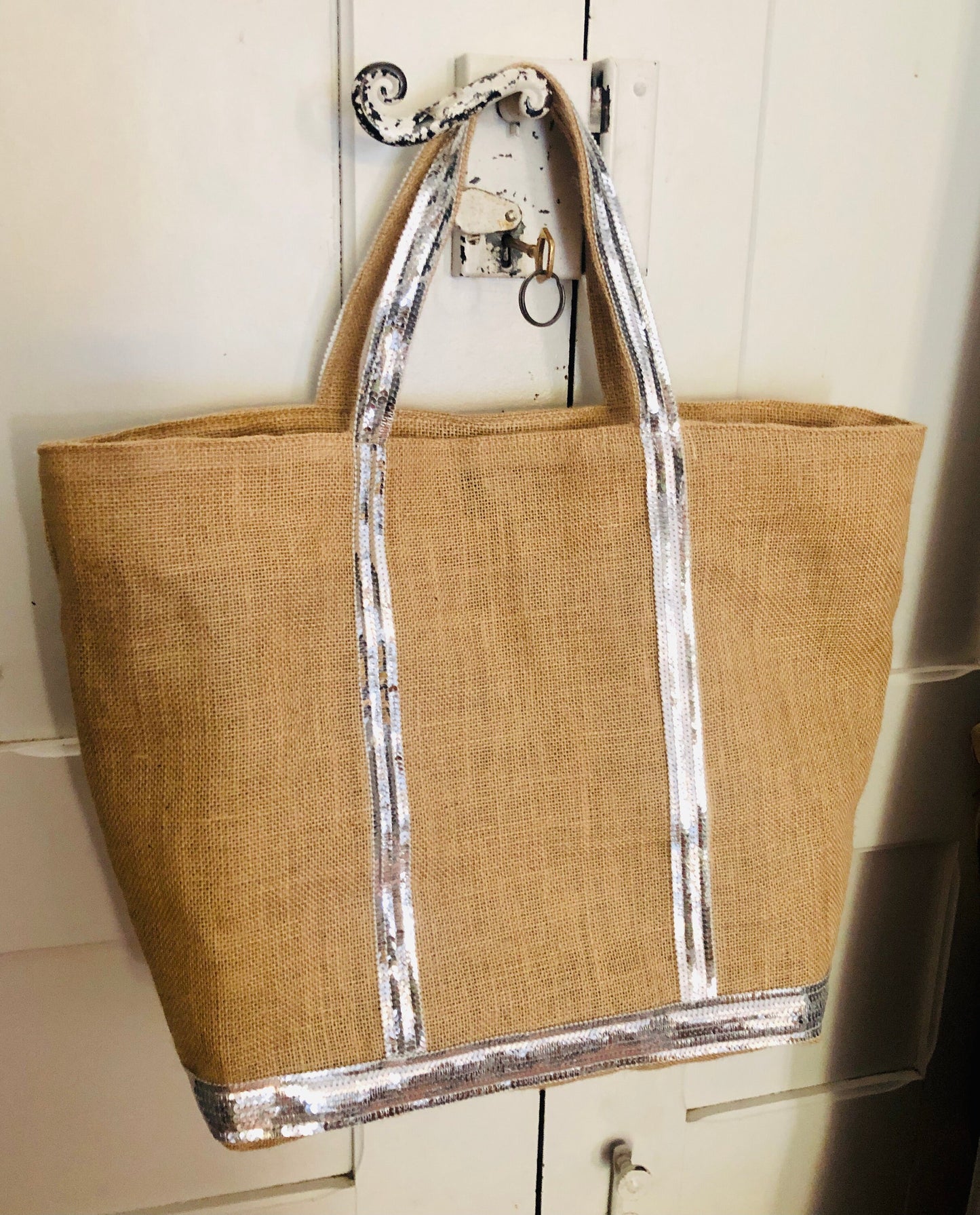 Sac cabas jute - tote jute paillettes - sac de plage en jute - grand cabas porté épaule - cabas en paille avec fermeture