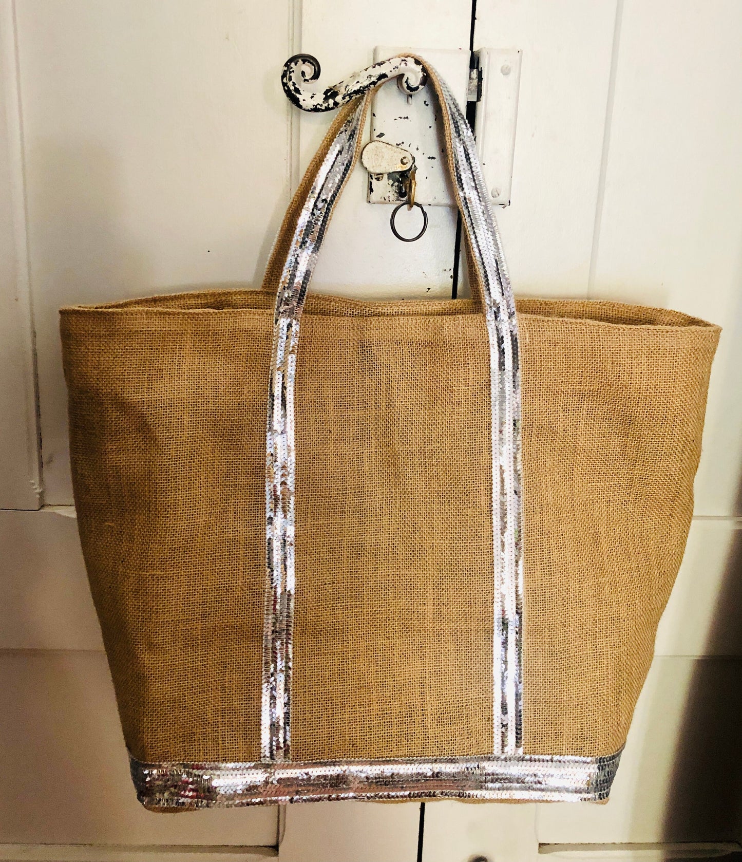 Sac cabas jute - tote jute paillettes - sac de plage en jute - grand cabas porté épaule - cabas en paille avec fermeture