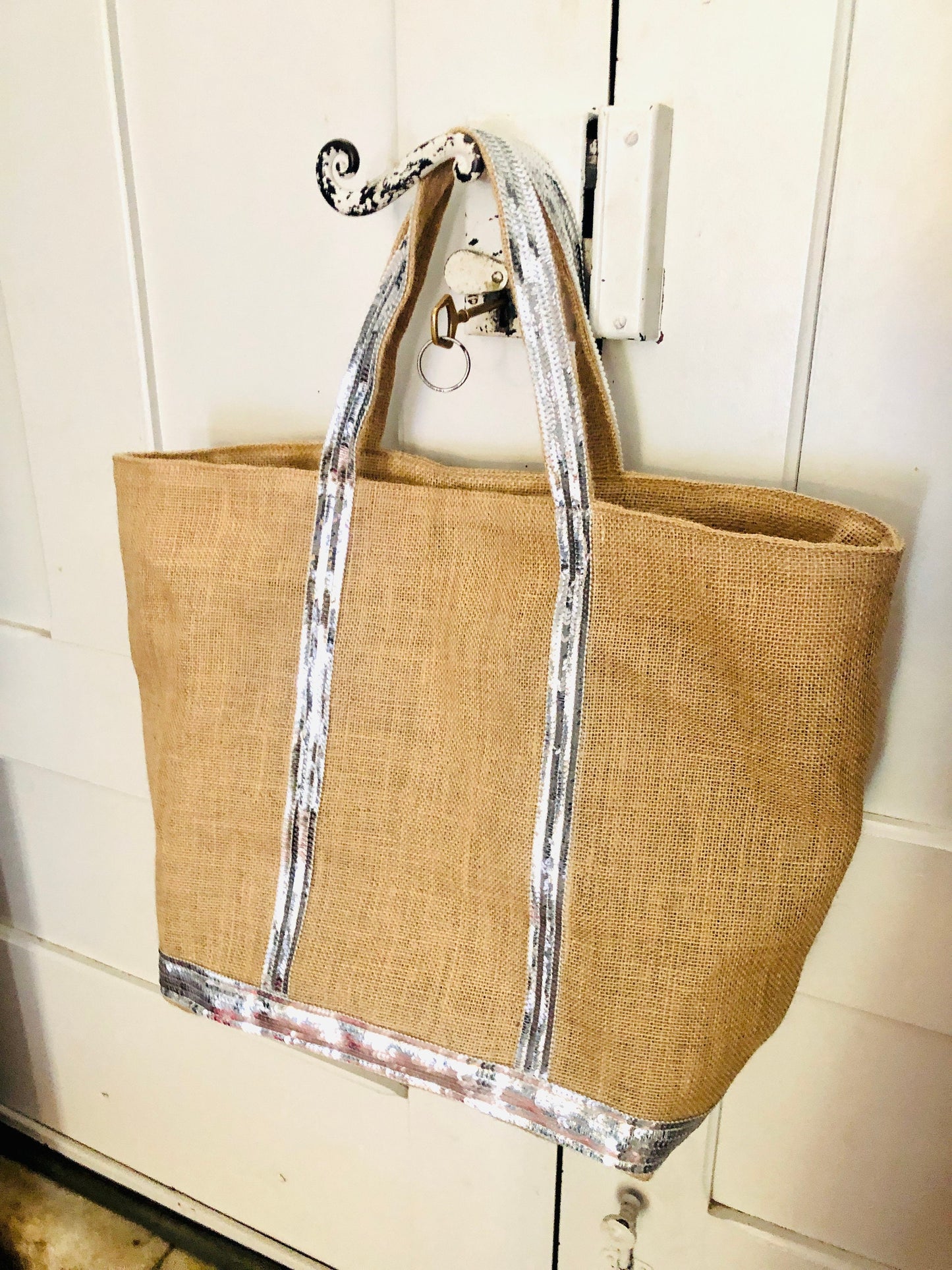 Sac cabas jute - tote jute paillettes - sac de plage en jute - grand cabas porté épaule - cabas en paille avec fermeture