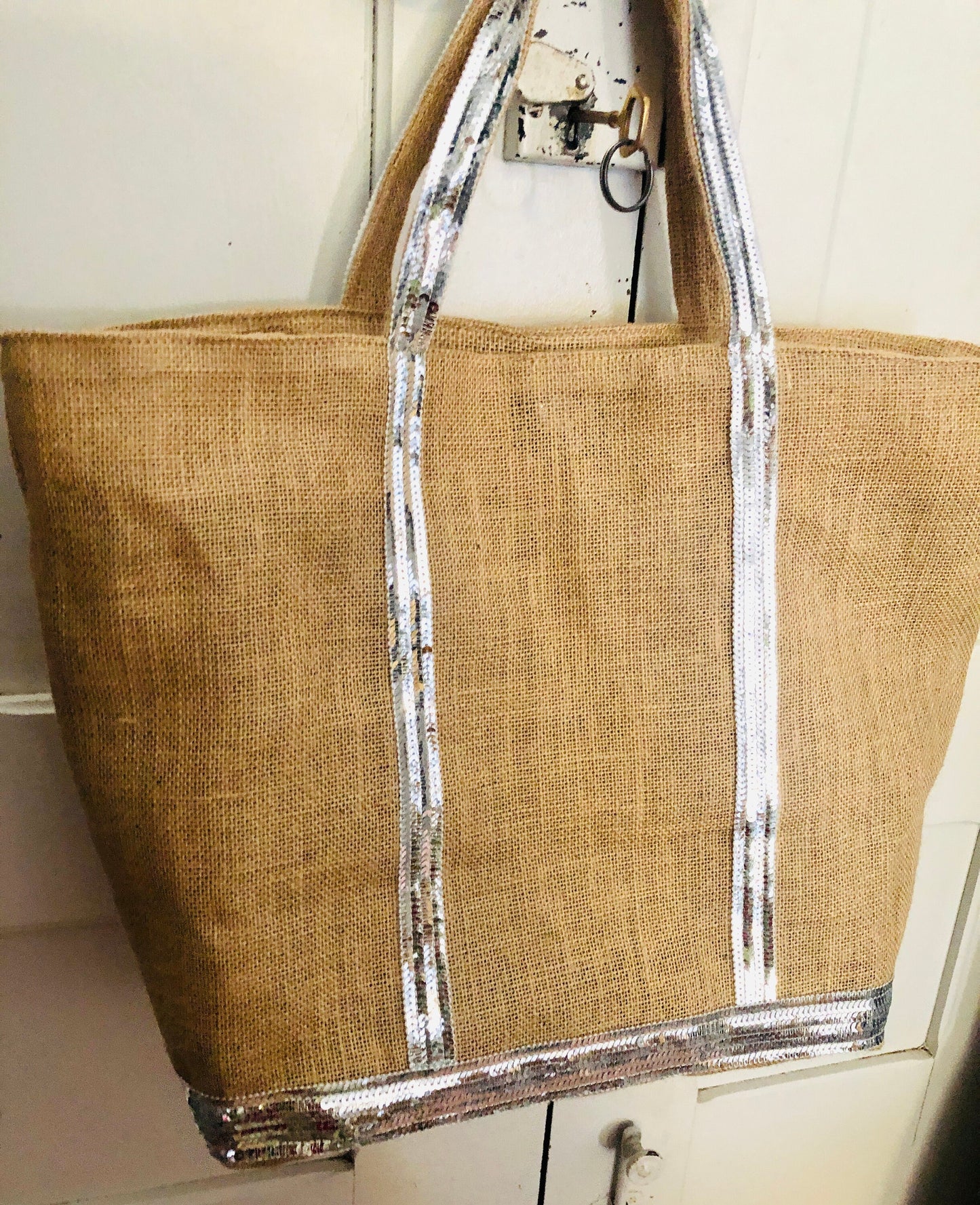 Sac cabas jute - tote jute paillettes - sac de plage en jute - grand cabas porté épaule - cabas en paille avec fermeture