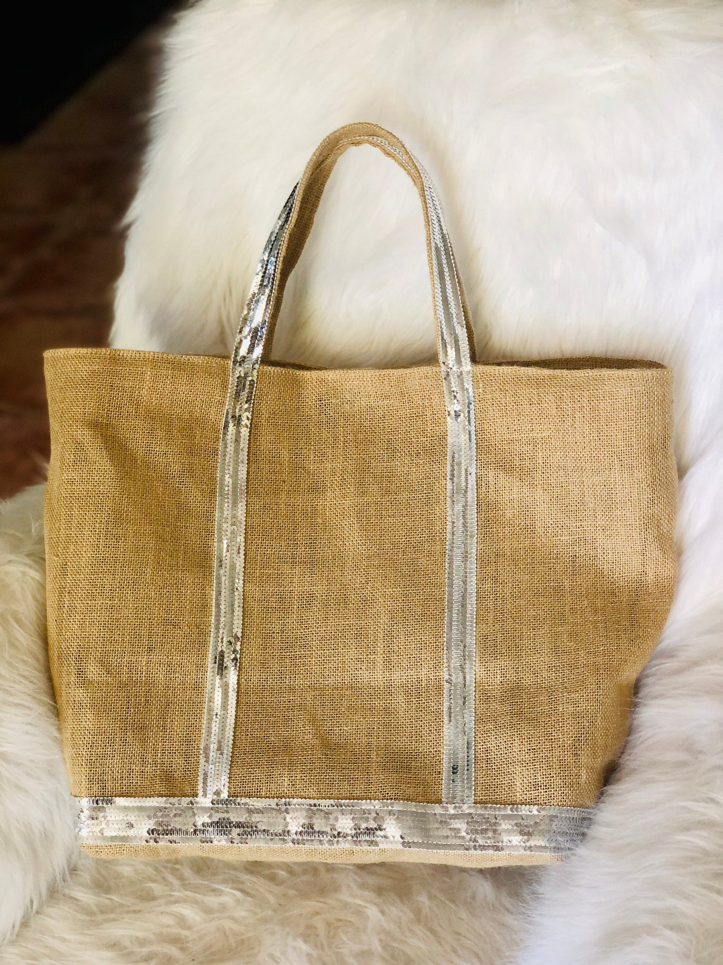Sac cabas jute - tote jute paillettes - sac de plage en jute - grand cabas porté épaule - cabas en paille avec fermeture