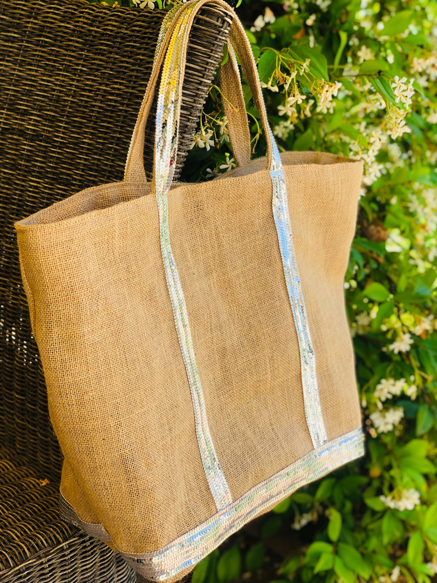 Sac cabas jute - tote jute paillettes - sac de plage en jute - grand cabas porté épaule - cabas en paille avec fermeture