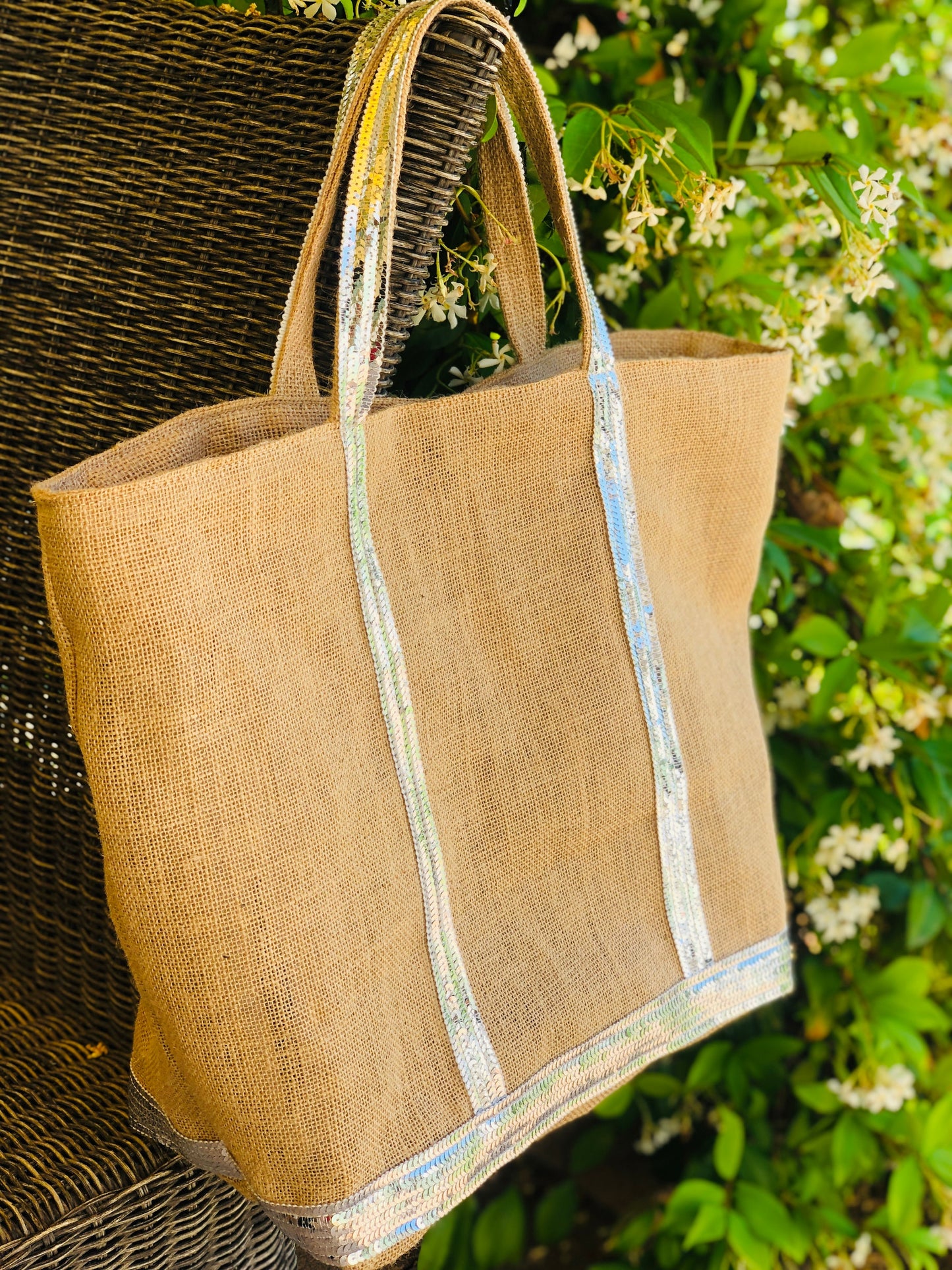 Natural straw canvas bag, silver sequin tote, large raffia tote, women's summer straw bag, 2022 summer trendy bag, raffia tote