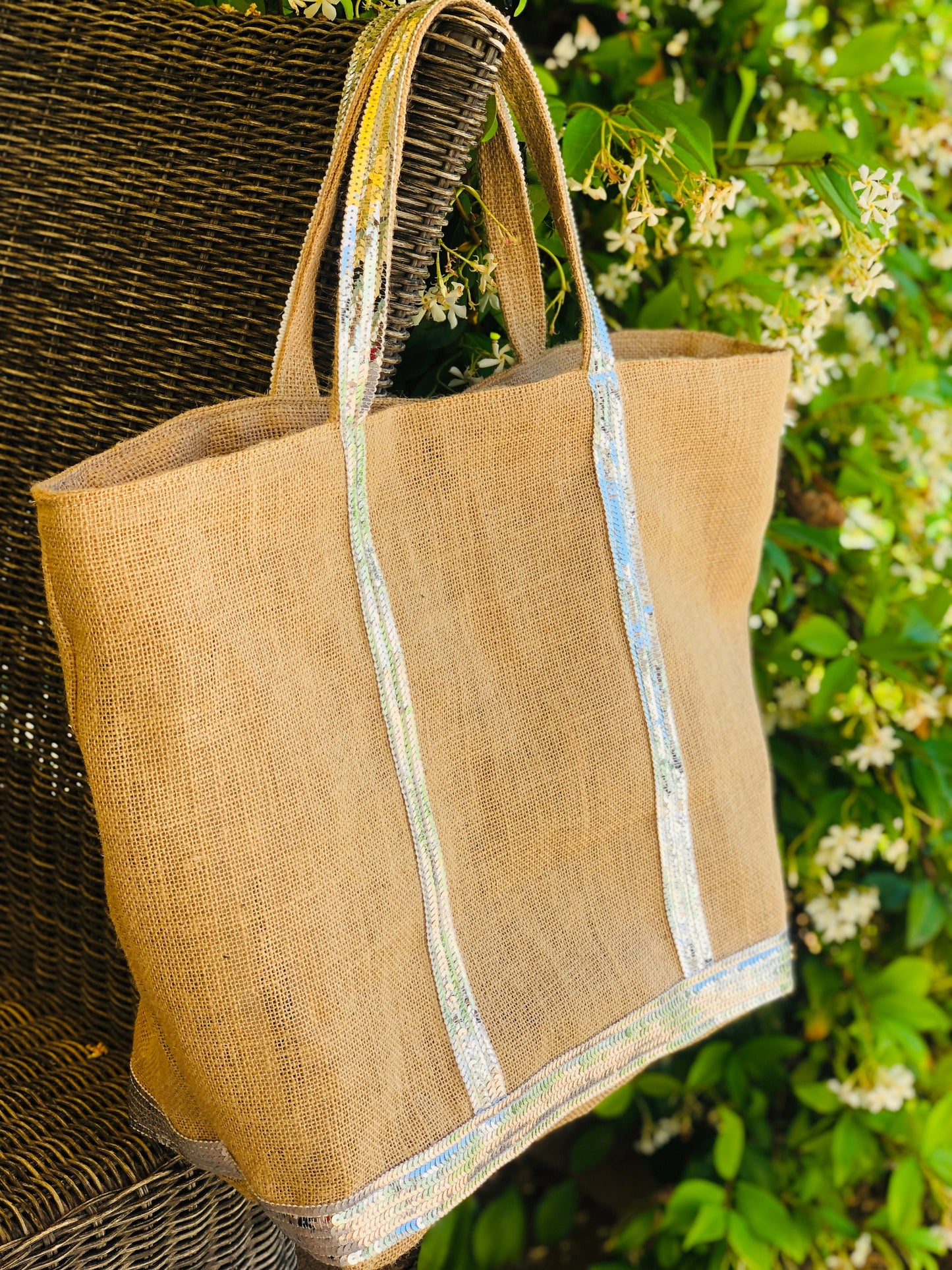 Sac cabas jute - tote jute paillettes - sac de plage en jute - grand cabas porté épaule - cabas en paille avec fermeture