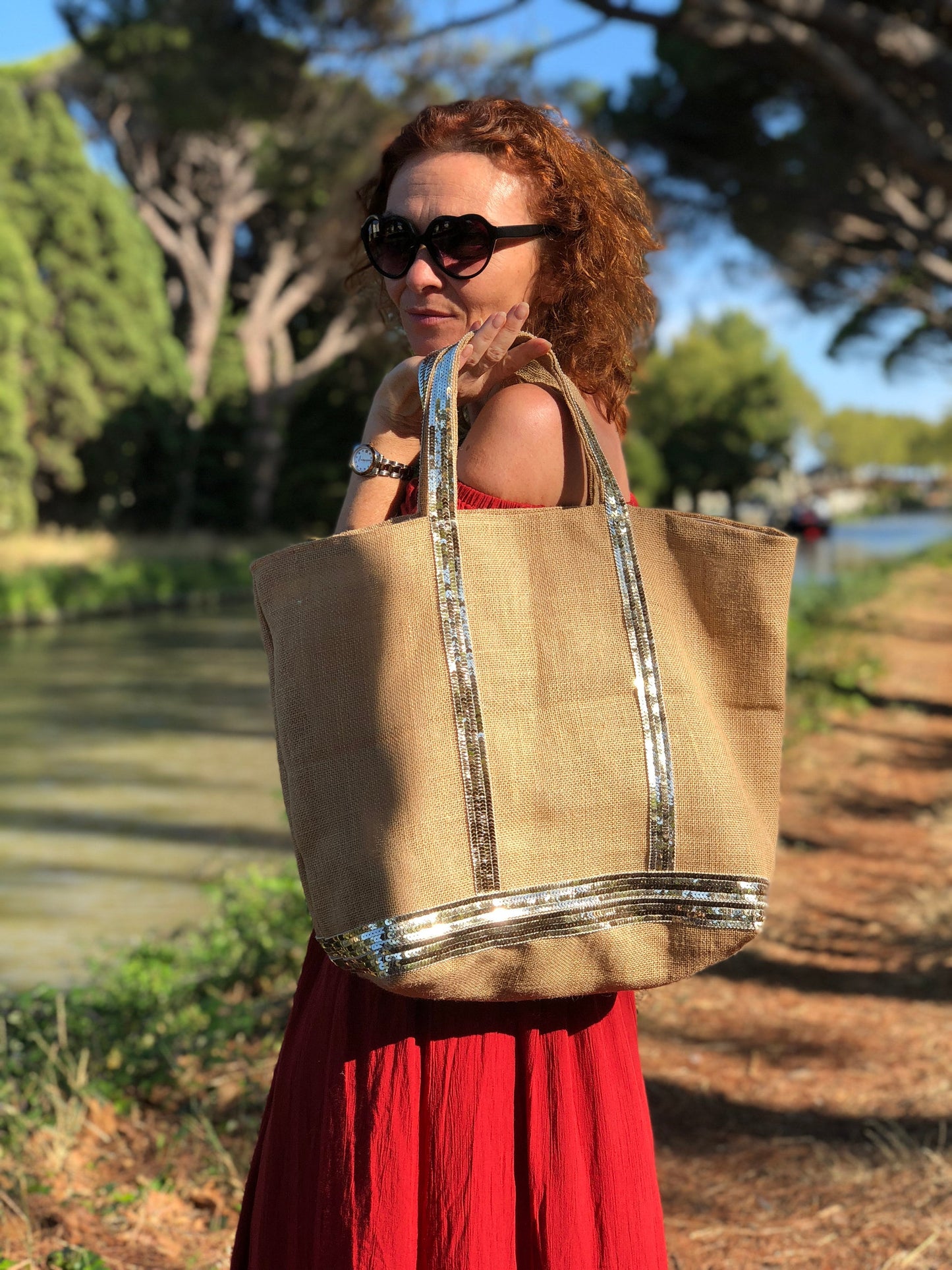 Burlap bag, summer beach tote, sequin handbag